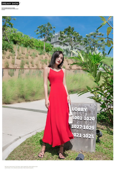 Red Lacing Chiffon Backless Bow Dress