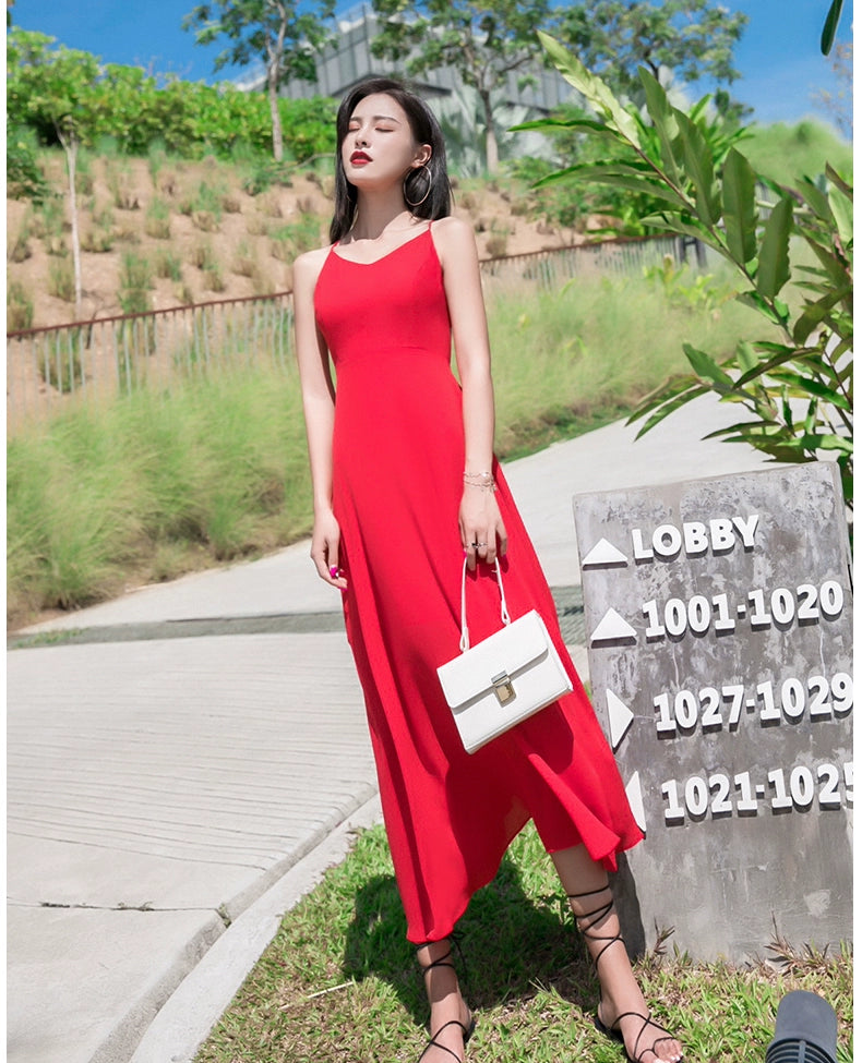 Red Lacing Chiffon Backless Bow Dress