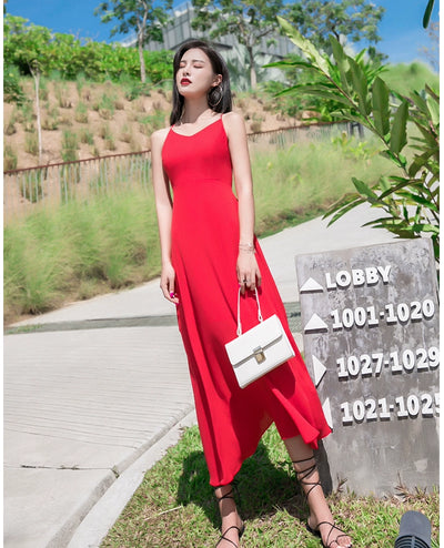Red Lacing Chiffon Backless Bow Dress