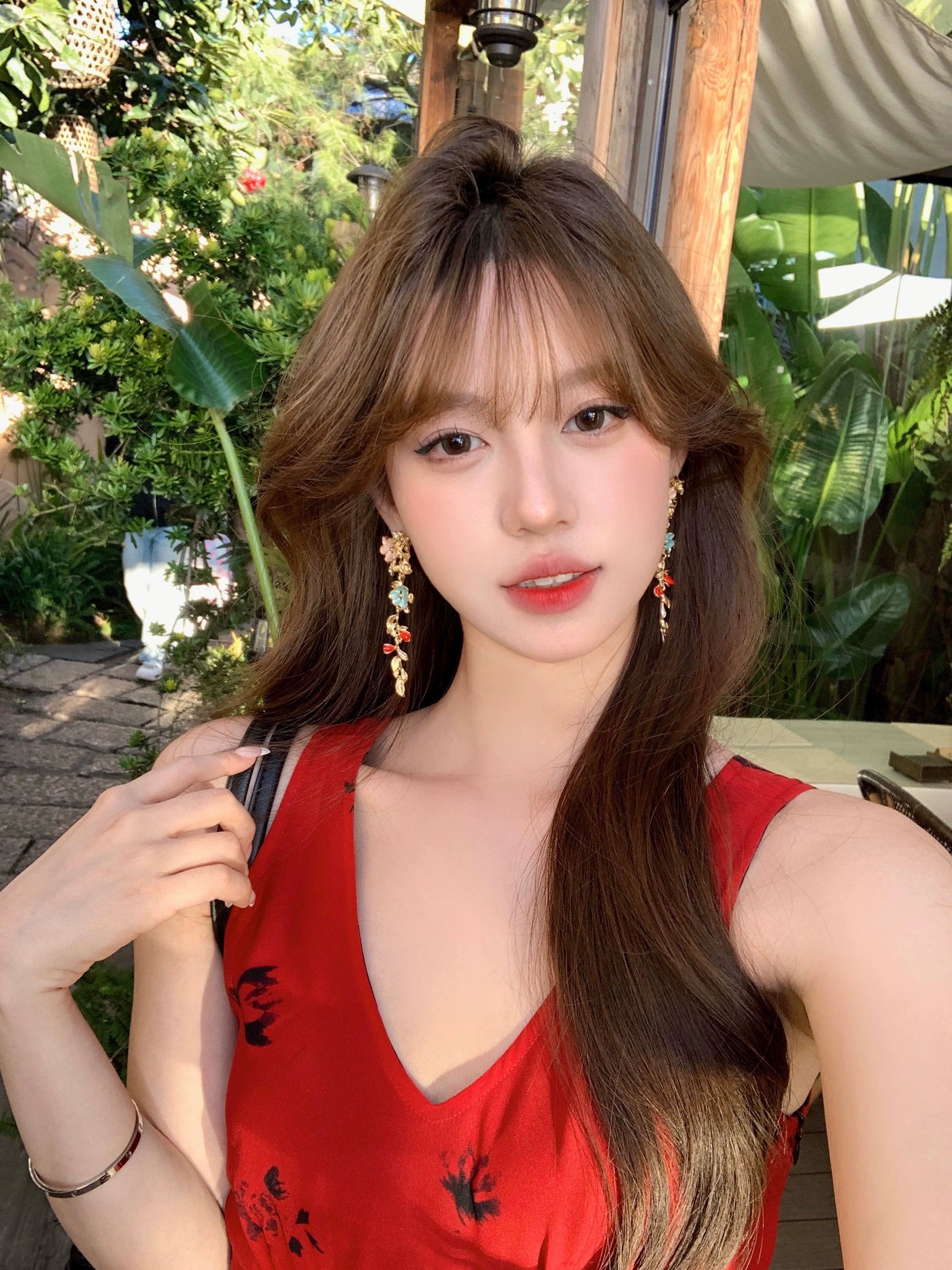 [Peach Tea] Bright Big Female Ethnic Style Color Metal Flower Tassel Earrings Seaside Holiday Earrings