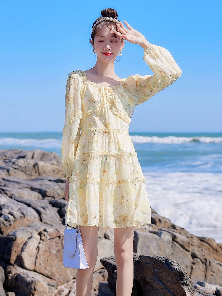 2025 Spring New Arrival Women's Spring Floral Dress Silm Fashion Waist-Controlled Long Sleeves Seaside Vacation Chiffon Skirt