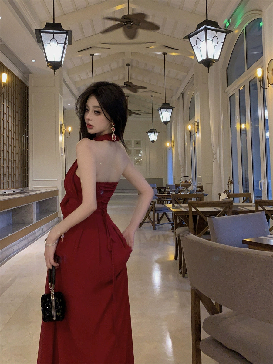 Beautiful Vacation Style Blue Halterneck Chiffon Drape Dress Long Women's Fancy Elegant Mop Long Dress