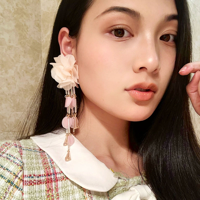 Long European and American Exaggerated Tassel Thin-Looking Earrings Flowers