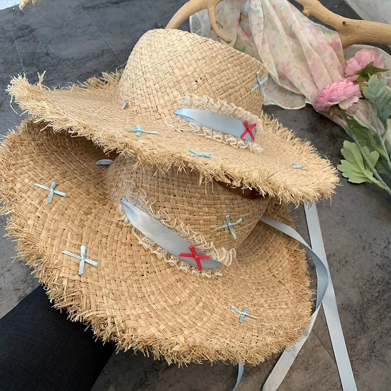 Straw Hat French Flat Top Female Summer Seaside Bows