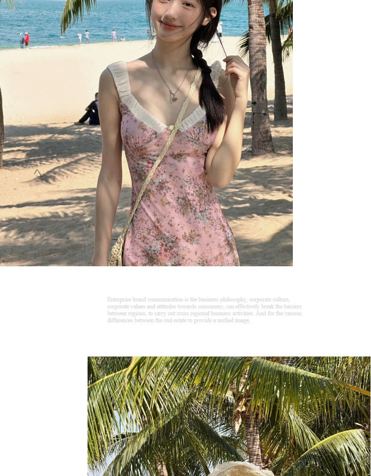 French Floral Strap Dress Women's Summer Tight Waist Long Skirt Beach Skirt Seaside Vacation Skirt