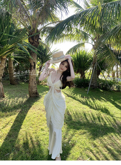 Elegant Ladies Seaside Holiday Midriff Outfit Dress Dress