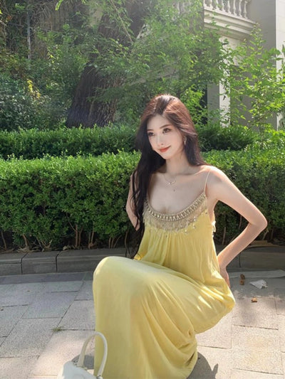 French Style Beautiful Yellow Elegant Heavy Industry Beads Diamond Strap Dress Loose and Idle Seaside Holiday Beach Dress