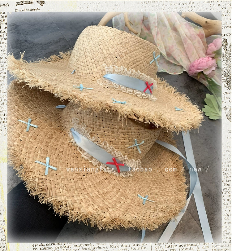 Straw Hat French Flat Top Female Summer Seaside Bows