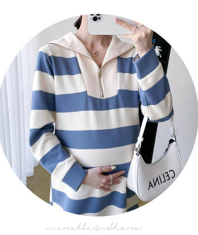 2025 Spring Clothing New Arrival K-style Plus Size Maternity Stripes Dress Fashionable Mom Pullover Sweatshirt Lapel Long Skirt