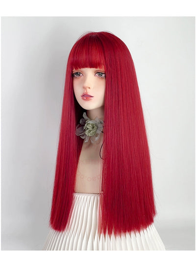 Y2g Sea King Red Long Straight Hair Full Head Cover Lolita Qi Bangs Gyaru Pull Red One-Size-Cut Long Hair Cos Universal
