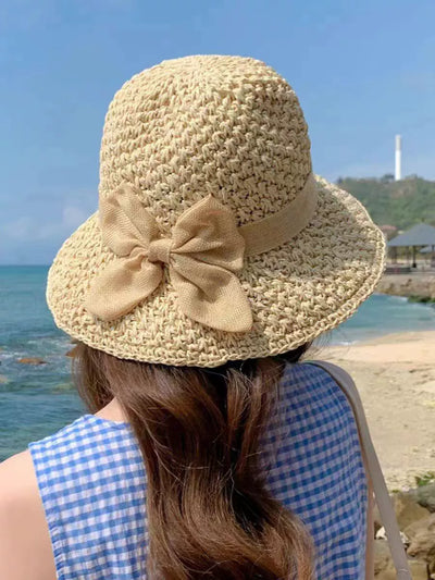 Straw Hat Female Summer New French Woven Bows Sun-Proof Bucket Hat Fresh Beach Trip Vacation Sun Hat