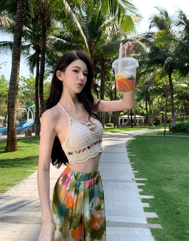 Ethnic Style Seaside Vacation Style Chiffon Loose Pants Suit + with Chest Pad Bikini Top + Sun-Protective Clothing Small Coat