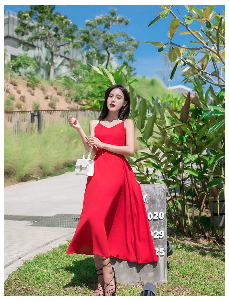 Red Lacing Chiffon Backless Bow Dress
