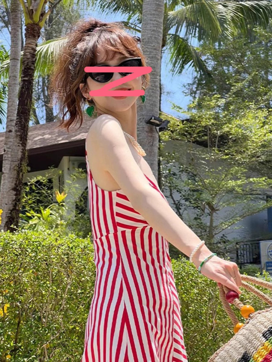 Red Stripes V-neck Sexy Sling Dress Women's Summer New Arrival High Waist Hainan Seaside Holiday Beach Dress