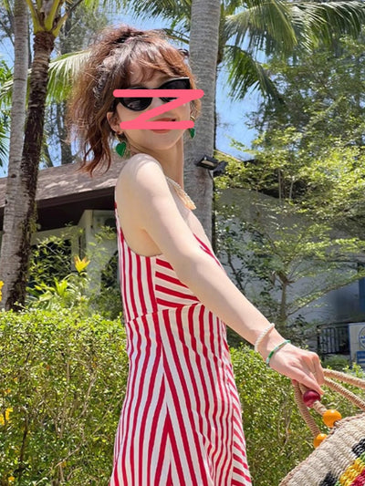 Red Stripes V-neck Sexy Sling Dress Women's Summer New Arrival High Waist Hainan Seaside Holiday Beach Dress