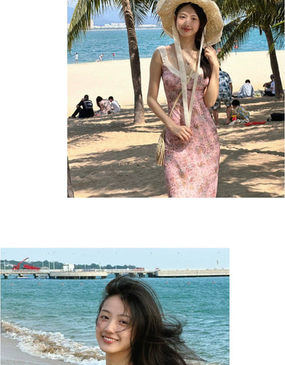 French Floral Strap Dress Women's Summer Tight Waist Long Skirt Beach Skirt Seaside Vacation Skirt