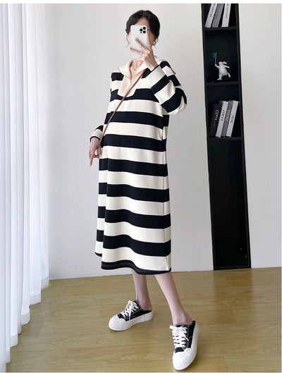 2025 Spring Clothing New Arrival K-style Plus Size Maternity Stripes Dress Fashionable Mom Pullover Sweatshirt Lapel Long Skirt