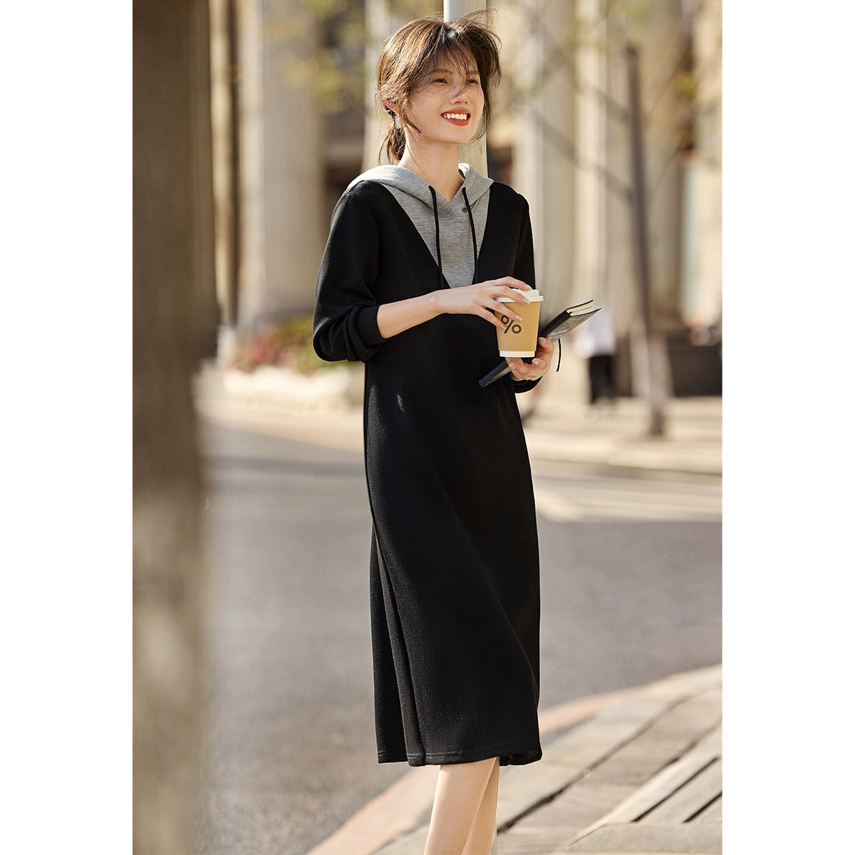 Xwi Xin Not Contrast Color Patchwork Hoodie Dress Female 2024 Autumn Simplicity Generous Slimming Elegant Long Dress