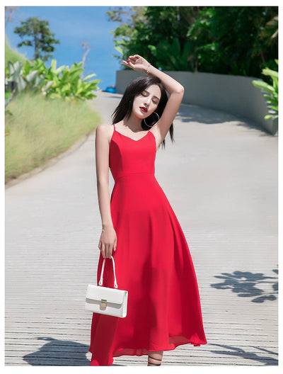 Red Lacing Chiffon Backless Bow Dress