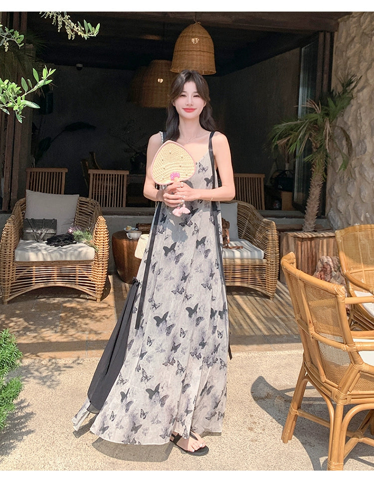 New Chinese Style Chinese Style Sling Dress Chiffon Ink Painting