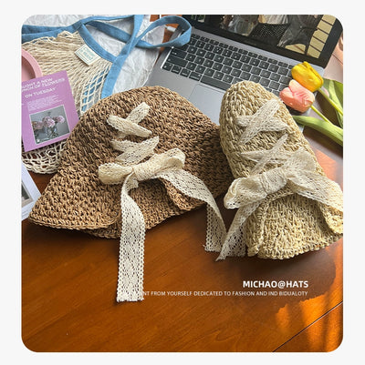 Straw Hat Female Summer New French Woven Bows Sun-Proof Bucket Hat Fresh Beach Trip Vacation Sun Hat