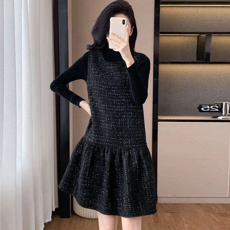 Woolen One piece Dress Women clothing Plus size Fat Mm2024 Autumn and Winter New Age-Reducing High end Western Style Fashion Woolen Vest Dress