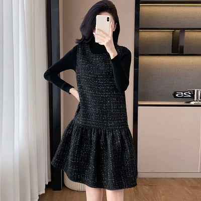 Woolen One piece Dress Women clothing Plus size Fat Mm2024 Autumn and Winter New Age-Reducing High end Western Style Fashion Woolen Vest Dress