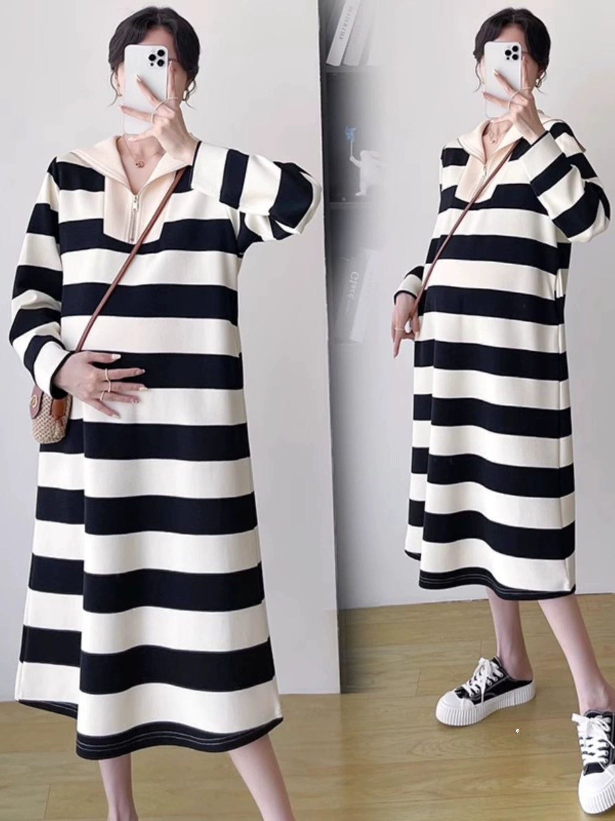 2025 Spring Clothing New Arrival K-style Plus Size Maternity Stripes Dress Fashionable Mom Pullover Sweatshirt Lapel Long Skirt