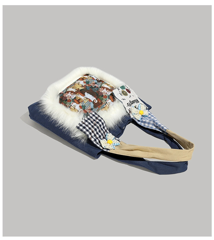 Y2g Cute Funny Stylish Niche Style Patchwork Stuffed Fur Bag College Student Work Clothing Cartoon Canvas Shoulder Bag
