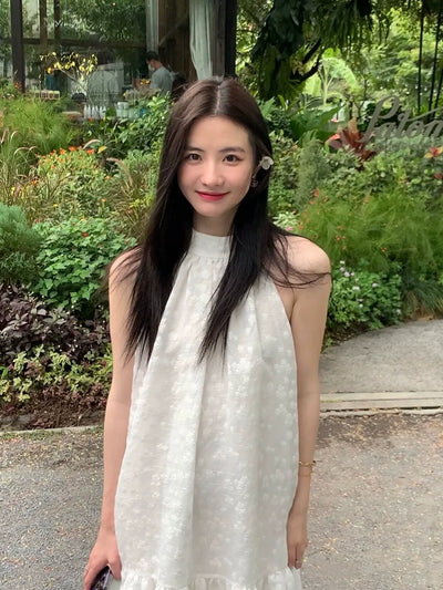 Cake White Halter Dress Loose Bow