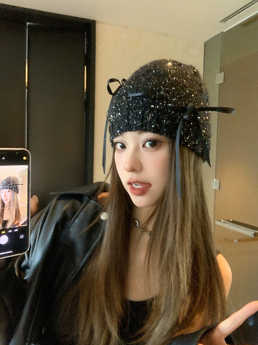 Zhao Lusi Same Style ~ Homemade Bows Sequin Knitted Cold Cap Female Y2g Sexy Wind Show Face Small Toe Cap Pile Heap Cap