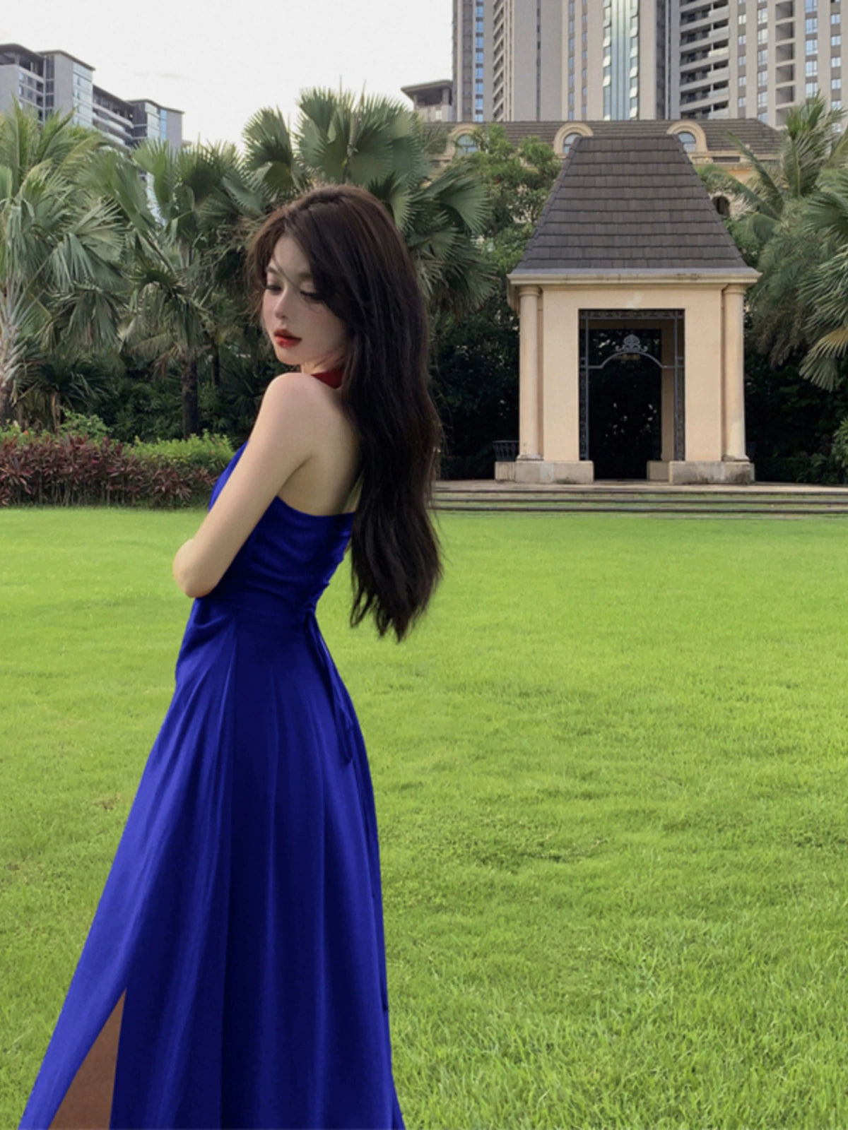 Beautiful Vacation Style Blue Halterneck Chiffon Drape Dress Long Women's Fancy Elegant Mop Long Dress