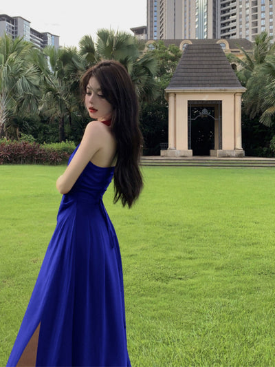Beautiful Vacation Style Blue Halterneck Chiffon Drape Dress Long Women's Fancy Elegant Mop Long Dress