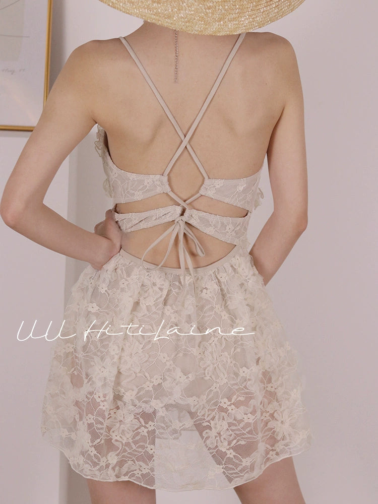 Customized Retro French Elegant Open Back Swimsuit Dress