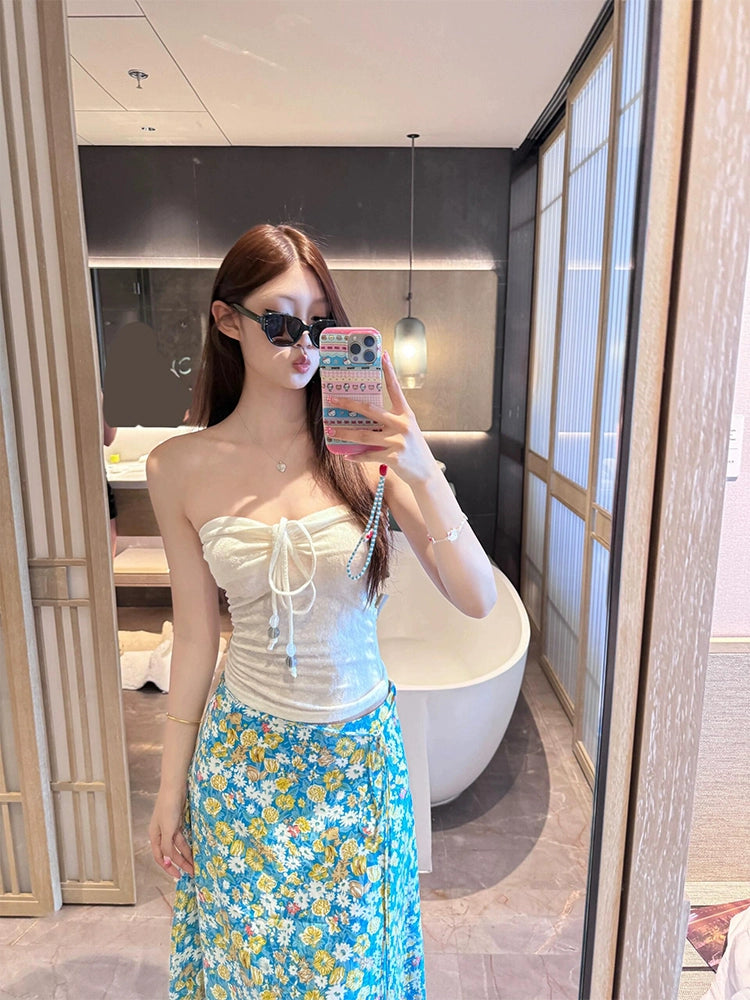 Seaside Vacation Style Suit Pure Desire Stylish White Halter Tube Top Blue Shirt Floral Skirt Two-piece Set