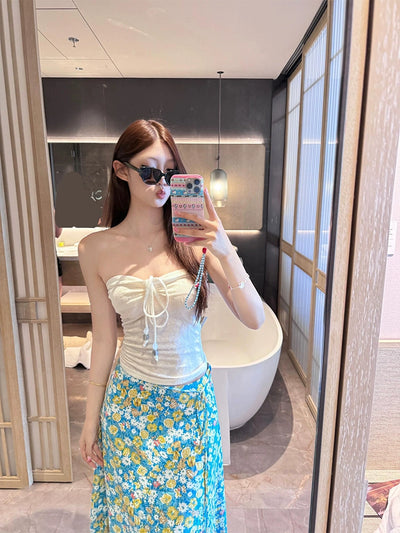 Seaside Vacation Style Suit Pure Desire Stylish White Halter Tube Top Blue Shirt Floral Skirt Two-piece Set