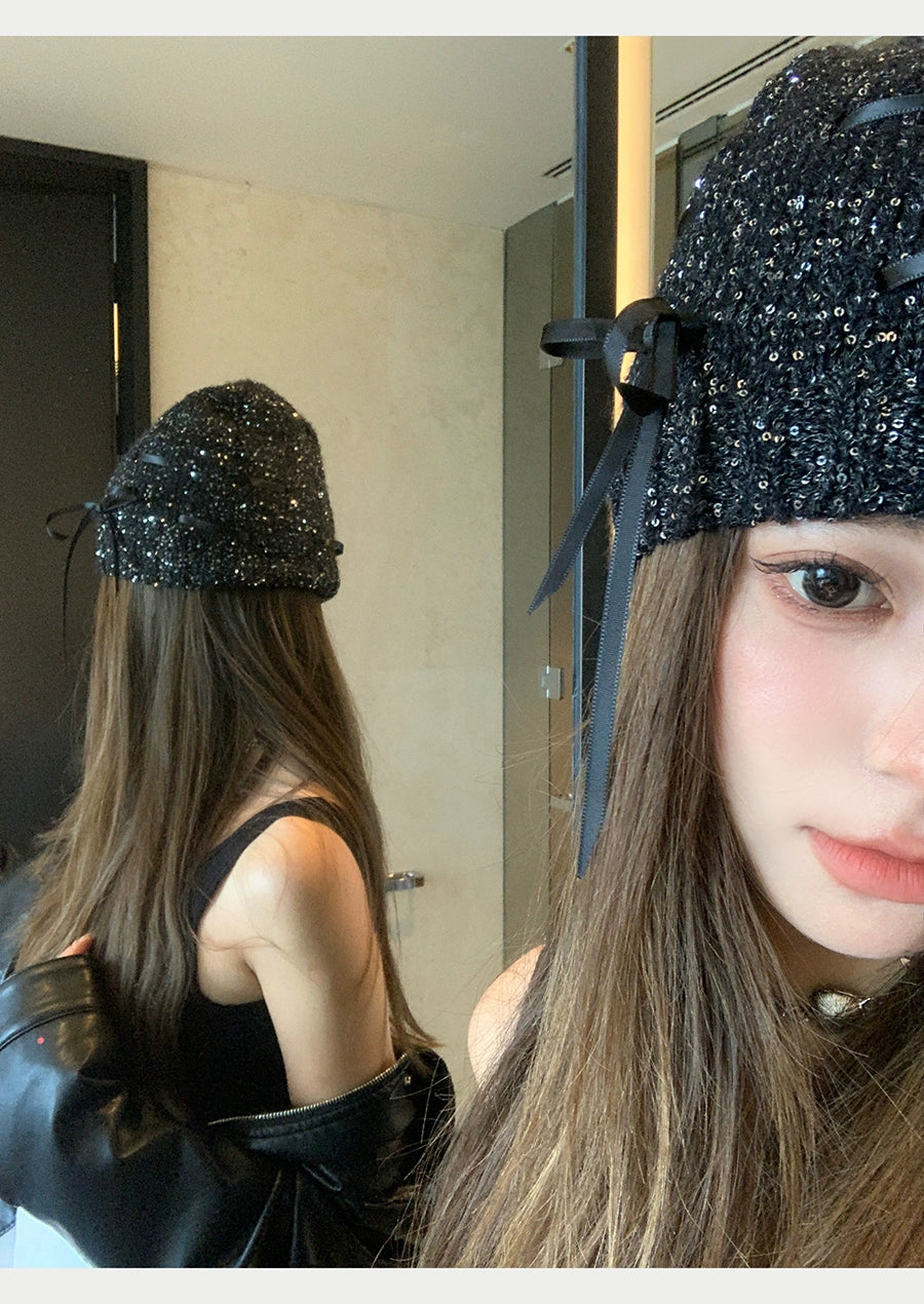 Zhao Lusi Same Style ~ Homemade Bows Sequin Knitted Cold Cap Female Y2g Sexy Wind Show Face Small Toe Cap Pile Heap Cap