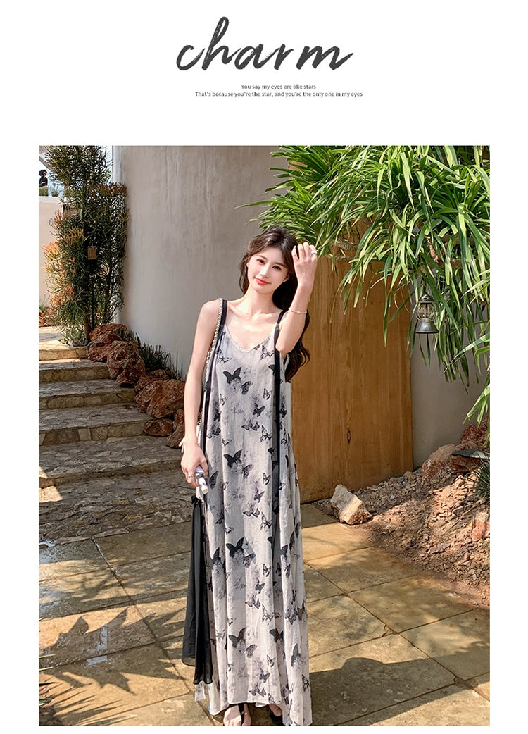 New Chinese Style Chinese Style Sling Dress Chiffon Ink Painting