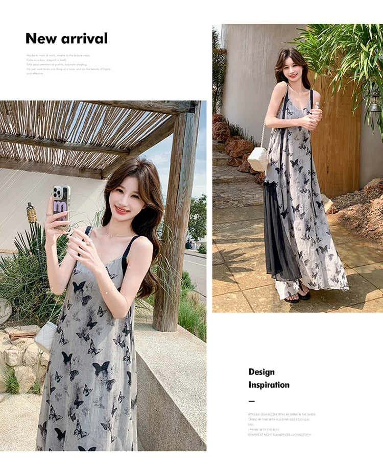 New Chinese Style Chinese Style Sling Dress Chiffon Ink Painting