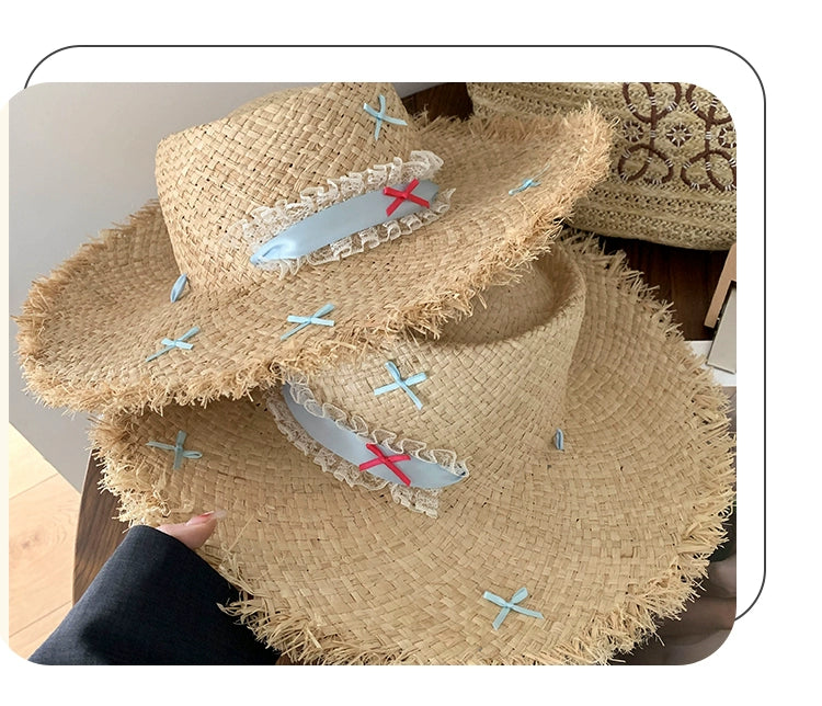 Straw Hat French Flat Top Female Summer Seaside Bows