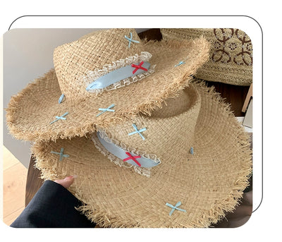 Straw Hat French Flat Top Female Summer Seaside Bows