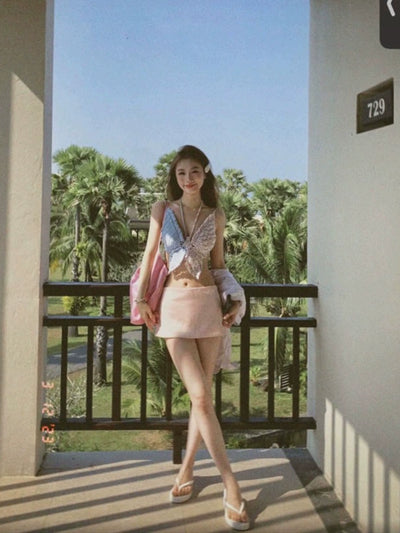 Pure Desire Knitting Tops Thai Sweet and Spicy Strappy Bow Tube Top Summer Outer Wear Short Seaside Vacation Short Vest