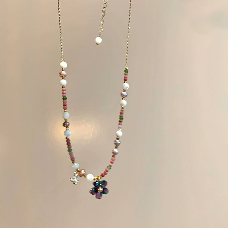Spring Letter ~ Natural Stone Color Beaded Flower Pendant Necklace Female Dopamine Vacation Style Necklace Clavicle Chain