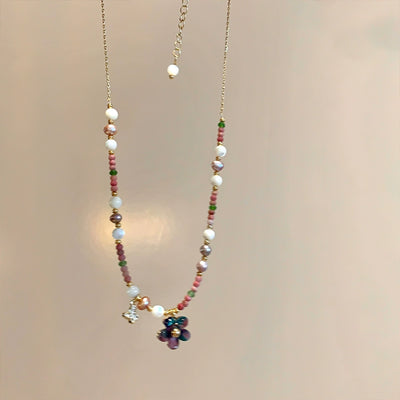 Spring Letter ~ Natural Stone Color Beaded Flower Pendant Necklace Female Dopamine Vacation Style Necklace Clavicle Chain