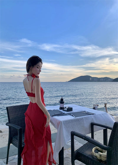Thailand Sanya Seaside Holiday Beach Skirt Ruffles Irregular Spaghetti-Strap French Style Beautiful Red Chiffon Dress