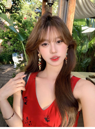 [Peach Tea] Bright Big Female Ethnic Style Color Metal Flower Tassel Earrings Seaside Holiday Earrings