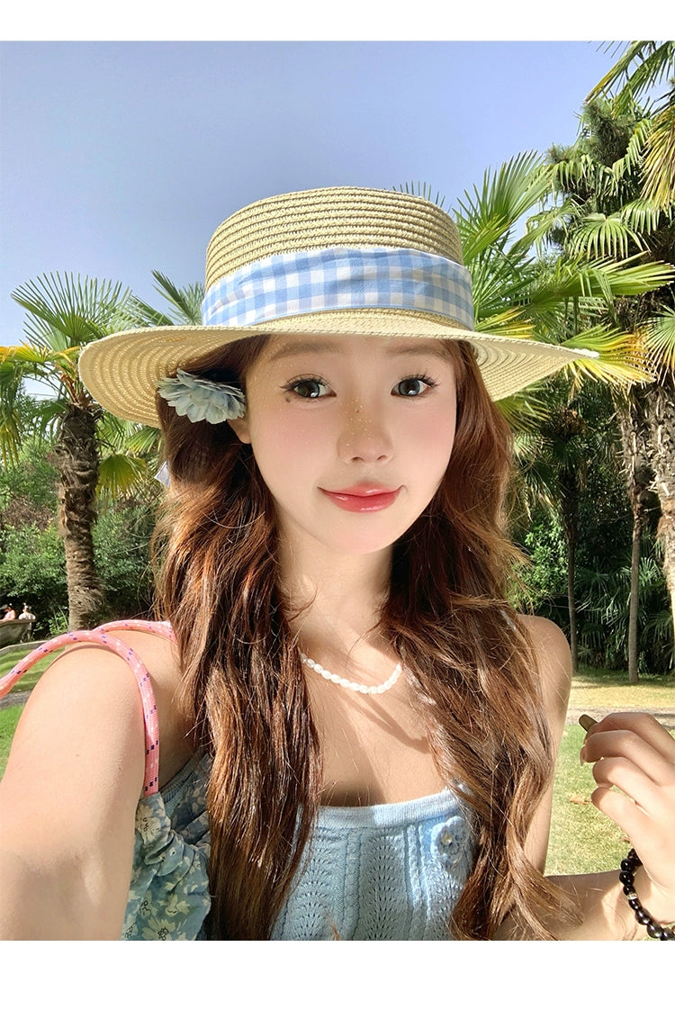 Straw Hat Japanese Style Women's Spring Summer Outing Plaid Bows