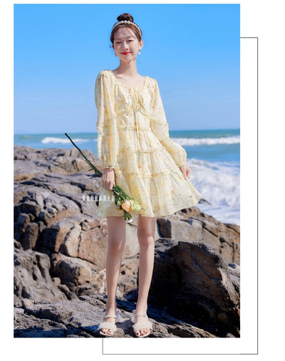 2025 Spring New Arrival Women's Spring Floral Dress Silm Fashion Waist-Controlled Long Sleeves Seaside Vacation Chiffon Skirt