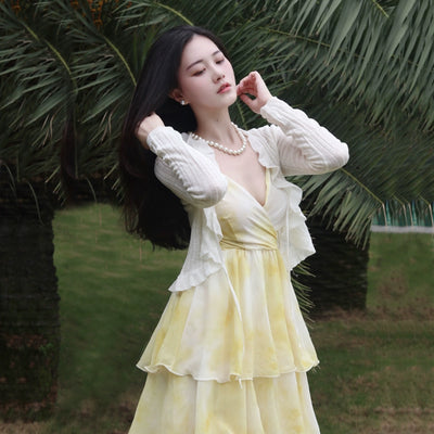 Nipped-Waist New French Seaside Sling Holiday Dress Travel Elegant Cake Dress Summer Beach Dress Female Yellow