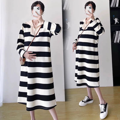 2025 Spring Clothing New Arrival K-style Plus Size Maternity Stripes Dress Fashionable Mom Pullover Sweatshirt Lapel Long Skirt